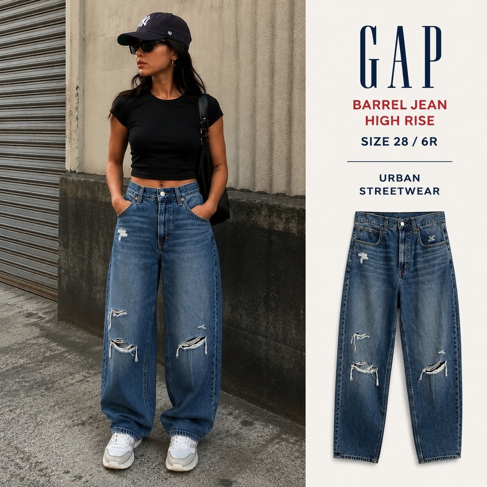 Gap Barrel Jeans Womens 28/6 Med. Wash Distressed High Rise Tapered Denim Trendy